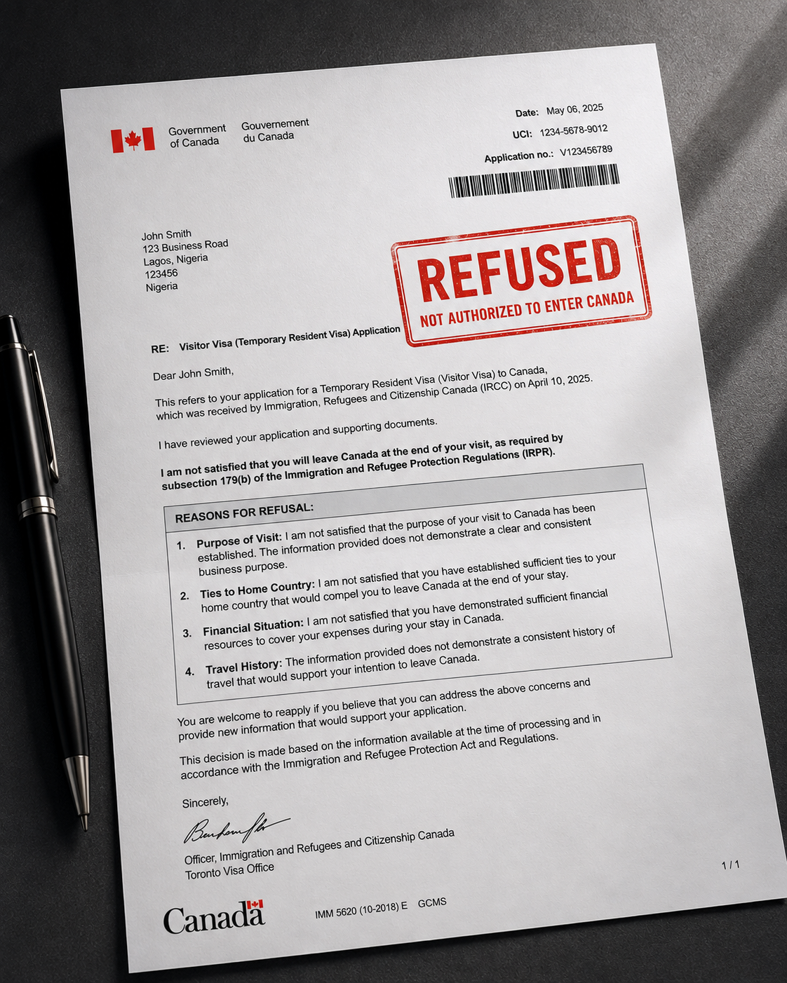 An IRCC visitor visa decision letter stamped REFUSED, listing purpose of visit, ties to home country, financial situation and travel history as the grounds